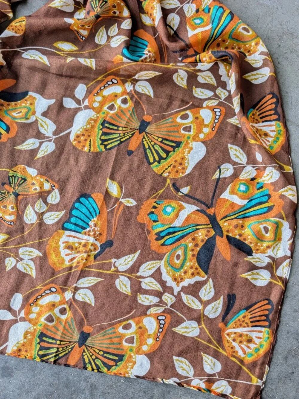 Retro 70s Brown Orange Butterfly Pattern Long Scarf